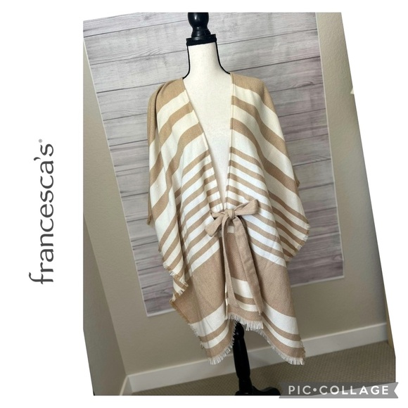 NEW FRANCESCAS STRIPE BOHEMIAN BELTED RUANA CARDIGAN - Picture 1 of 3